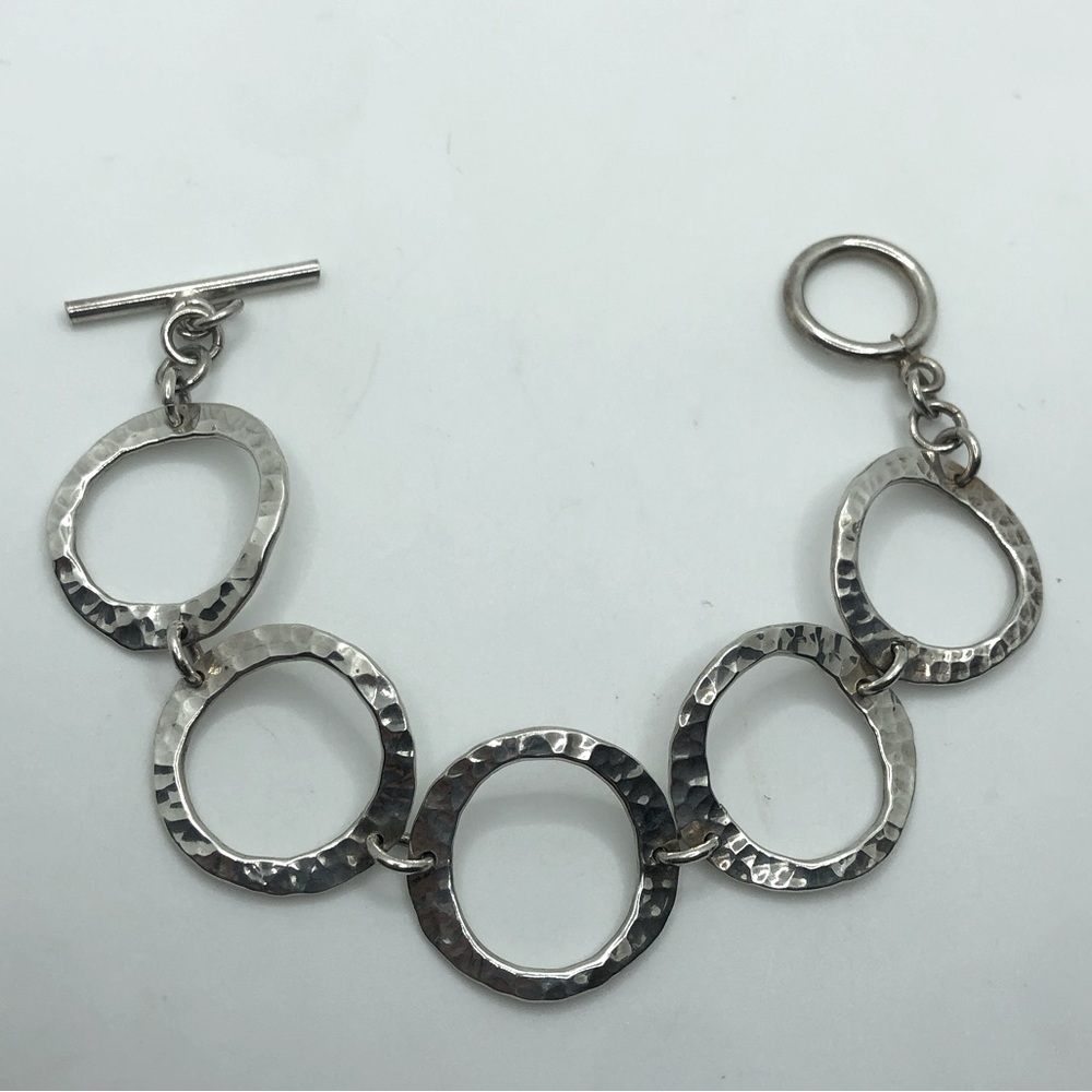 Vtg Sterling Silver Hammered Circles Link Toggle Clasp Bracelet 7.5” / 1” Links